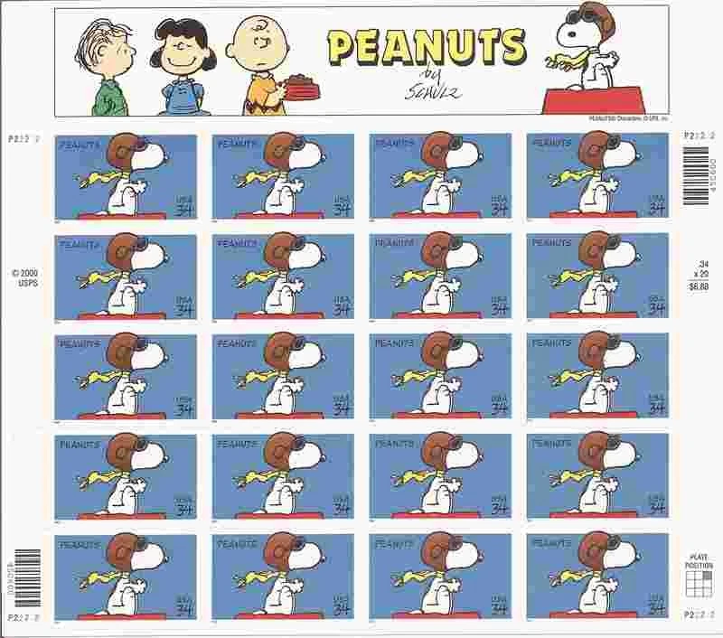 US Stamp - 2001 Peanuts Comic Strip, Snoopy - 20 Stamp Sheet #3507 - Image 1 of 1