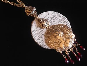 Lady Vanity Mirror Mixed Media Necklace 24 Karat Gold Plate Ruby Red Glass Page - Picture 1 of 6