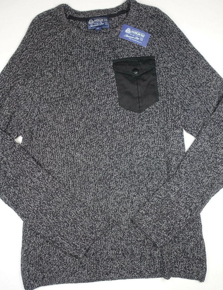 American Rag Men Sweater Black Size XL Marled Pocket Pullover Crewneck 063