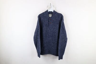Vtg 90s LL Bean Mens Medium Chunky Lambswool Knit Henley Sweater Heather Blue - Image 1 of 4