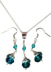 18" Teal 925 Sterling Silver Necklace Earring Set Wedding Special Occasion Prom