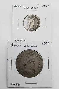 Brazil Coin 100 Reais 1921 km# 518 & 400 Reais 1921 Km# 520 ~ Circulated - Picture 1 of 2