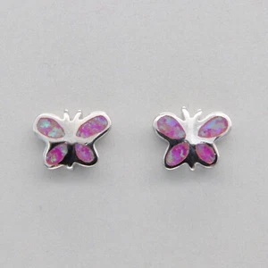 Pink FIRE OPAL Butterfly Stud / Post Earrings 925 STERLING SILVER Rhodium #684e - Picture 1 of 10