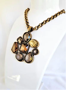 Chico's Autum Fall Colors Glass Rhinestone Statement Necklace Pendant Gold Brown - Picture 1 of 4