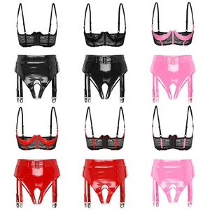 Biancheria da notte donna lingerie glitter pizzo intimo con giarrettiera cintura clubwear PVC - Foto 1 di 28