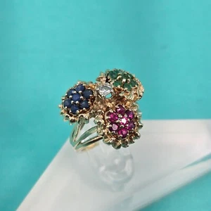 14K Yellow Gold 0.7Ct Diamond Ruby Sapphire Emerald Ring US Size 3.25 6.5g - Picture 1 of 3