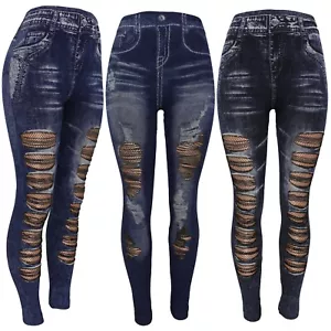 High Waist Womens Ripped Faux Denim Jean Leggings, Slim Stretch Jegging - Picture 1 of 19
