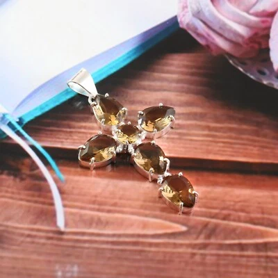 Brown Quartz Gemstone Silver Plated Handmade Cross Pendent Jewelry 2" - Image 1 of 3