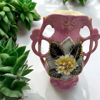 Antique 2 Handled  Royal Rudolstadt Hand Painted Flowers 5”Pink / green #6517 63 - Image 1 of 4