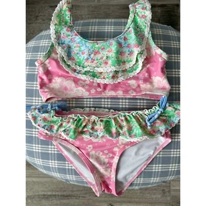 Sweet Honey Floral Ruffle Swimsuit Two Piece Set Pink Green Blue 6Y - Picture 1 of 4