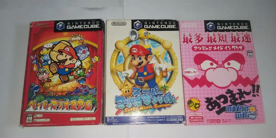 Lot 3 GameCube Paper Mario RPG Super Mario Sunshine & Atsumare! Made in Wario - Image 1 of 4