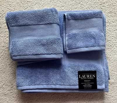 Juego de toallas Ralph Lauren Wescott de 3-1 baño 1 mano 1 lavado algodón suave azul Foto 1 de 4