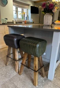 Leather Breakfast Bar Kitchen Counter Stool - Wood Legs Pommel Horse Style Seat - Picture 1 of 11