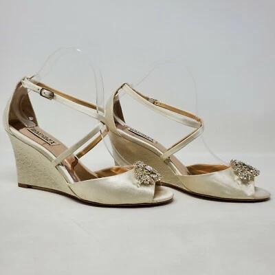 BADGLEY MISCHKA Ivory Abigail Blush Satin Wedge Heels Size 8 Jewel Flower - Image 1 of 4