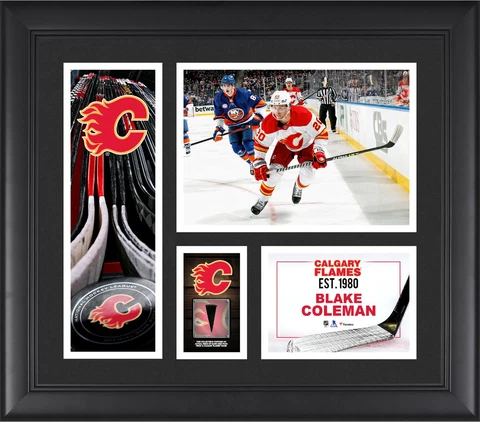 Blake Coleman Calgary Flames FRMD 15" x 17" Collage with a Piece of GU Puck Cover