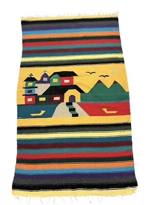 De Colección Tapiz Suroeste Manta Tejida Iglesia Pueblo Pájaros Pueblo México Bloque de Color Foto 1 de 4