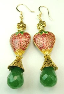 Green Briolette Agate & Strawberry Cloisonne Earrings Flowers Handmade Jewelry - Picture 1 of 1