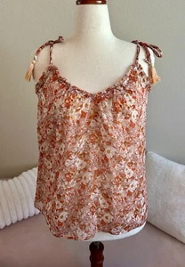 Volcom Floral Lined Tassel Tie Strap Camisole Tank Top Sz M. V Neck & Back Strap - Picture 1 of 9
