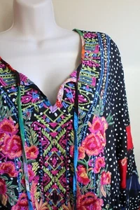 Calessa Boho 1X Plus Dotted Embroidered Folk Bodice 3/4 Puff Sleeve Rayon Johnny - Picture 1 of 7