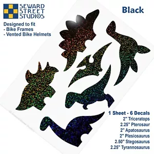 Dinosaurs Black Glitter 6 Decal Set, Bike Helmet Sticker Kit #886G - Picture 1 of 4
