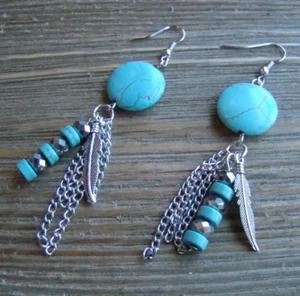 3" Long Turquoise Dangle Earrings Feather Chain Bead Stone Gypsy Cowgirl Jewelry - Picture 1 of 4