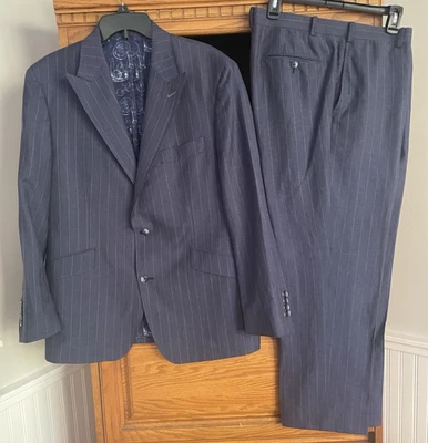 Custom Vitale Barberis Canonico ~44R Blue Striped Wool Linen Peak Lapel 2pc Suit - Image 1 of 4