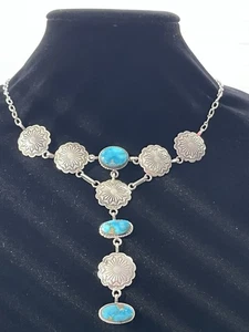 exquisite Running Bear Sterling And Turquoise Concho Y drop Necklace 18in - Picture 1 of 5