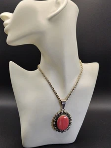 Sterling Silver Oval Pendant (1.75 x 1.5") stamped Mexico 925 - FAUX rhodonite - Picture 1 of 5