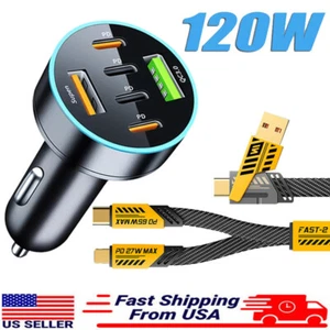 120W Fast Car Charger 4 Port Adapter & Cable For iPhone 16 15 14 13 12 Pro Max - Picture 1 of 17