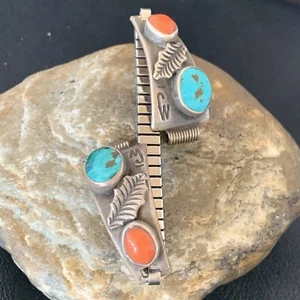 Reloj de peón antiguo de plata esterlina navajo de colección turquesa y coral banda 11930 - Imagen 1 de 12