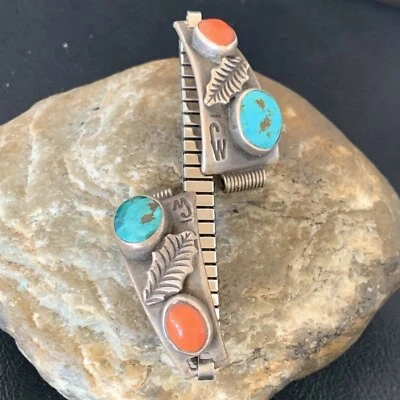 Turquesa y Coral Vintage Navajo Plata Esterlina Antiguo Peón Reloj Puntas Banda 11930 Foto 1 de 4