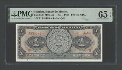 Mexico One Peso 1959 P59f Uncirculated Grade 65 - Image 1 of 2