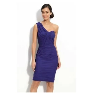 TADASHI SHOJIONE SHOULDER STRAP INDIGO RUCHED COCKTAIL DRESS SIZE 4 - Picture 1 of 12