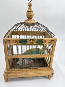 vintage folk wooden small bird cage With Hanging Fish - Picture 1 of 16