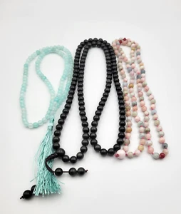 Lot of 3 Stone Variety Mala Beads Black Blue Pink Stretch Hand Knotted - Picture 1 of 18