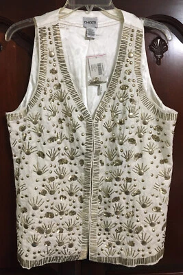 NWT Chico's size 1 ivory gold beaded olivia vest $114 women's - Image 1 of 4