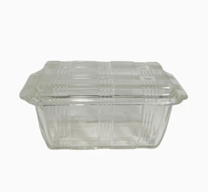 Refrigerador de vidrio Hazel Atlas plato de mantequilla/tapa con tejido de cesta/patrón a cuadros - Imagen 1 de 7