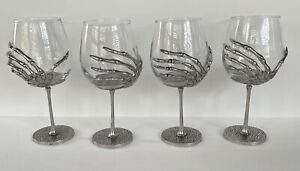 TMD Holdings Silver Textured Metal Stemmed Skeleton Hands Wine Glasses Set Of 4