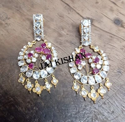 Vero Rubino Gemma Polki Uncut Pavé di Diamanti 925 Argento Sterling Orecchini - Immagine 1 di 4