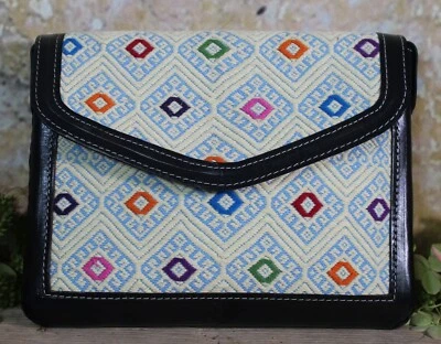 手工制作玛雅皮革手提包单肩包粉蓝色编织恰帕斯墨西哥 — 第 1/4 张图片