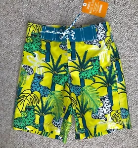 $23 (boys 2T) PALM TREE CHEETAH SUNGLASSES SWIM TRUNKS neon yellow board shorts - Picture 1 of 5