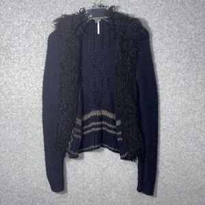 Free People Sweater M Faux Fur Collar Navy North Star Cable Knit Cardigan SZ S/P - Picture 1 of 7