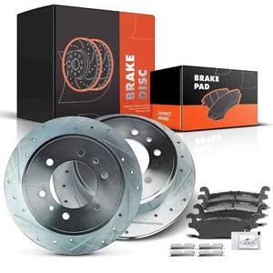 Rear LH & RH Drilled Brake Rotors & Ceramic Pads for Hummer H3 06-10 H3T 09-10 - Picture 1 of 8