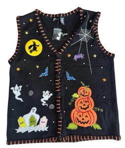 Vintage Holiday Editions Halloween Kürbis Pailletten Pullover Weste Gr. Large Neu mit Etikett 90er - Bild 1 von 3