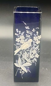 Cobalt Blue Glass Vase With Painted Bird & Flowers - Picture 1 of 13