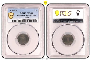 **PCGS MS64** 1 Pfennig 1945 A SWASTIKA Germany Third Reich J-369 Coin WW2 Pfg - Picture 1 of 4