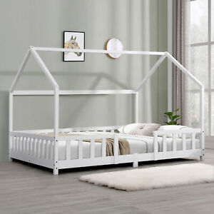Kinderbett mit Rausfallschutz 120x200cm Haus Holz Weiß Bettenhaus Hausbett Bett