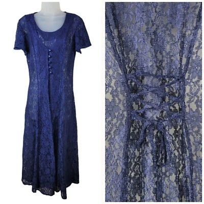 Vestido Vintage Transparente Con Cordones Talla 8/10 Atado Trasero Gótico Alt Baile de graduación Grunge Azul Marino Foto 1 de 4