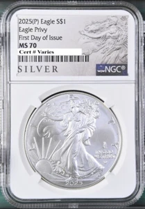 2025P Silver Eagle Con Águila, NGC ms70 Primer Día De Issue Als - Imagen 1 de 4