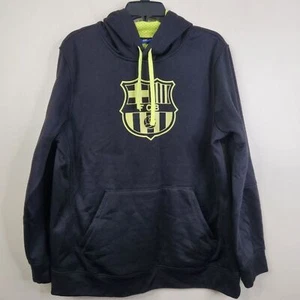 FC Barcelona Mens Long Sleeve Pullover Front Logo Back Spellout Hoodie Medium - Picture 1 of 5